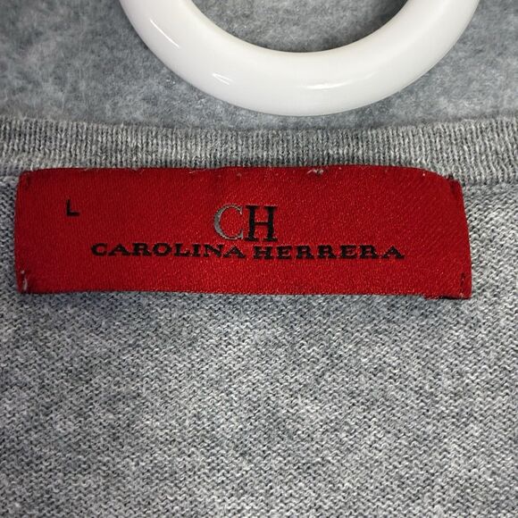 Carolina Herrera Cotton Sweater L Grey V Neck Leather Elbow Patch Classic Fit - Picture 3 of 7